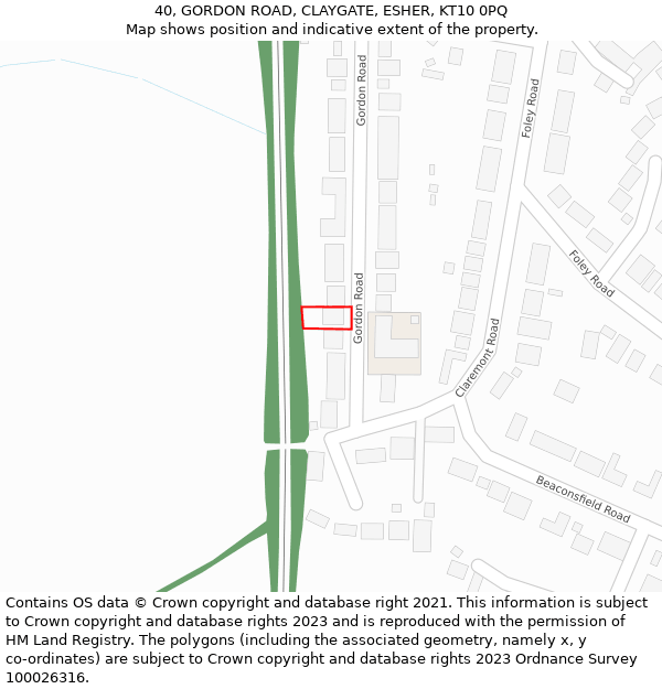 40, GORDON ROAD, CLAYGATE, ESHER, KT10 0PQ: Location map and indicative extent of plot