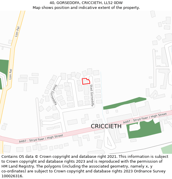 40, GORSEDDFA, CRICCIETH, LL52 0DW: Location map and indicative extent of plot