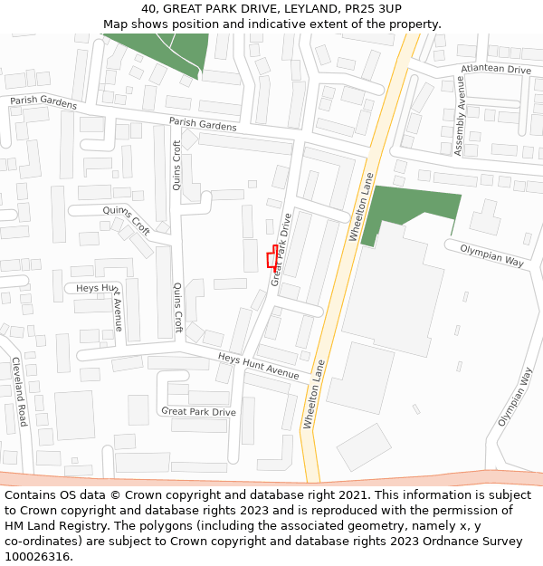 40, GREAT PARK DRIVE, LEYLAND, PR25 3UP: Location map and indicative extent of plot