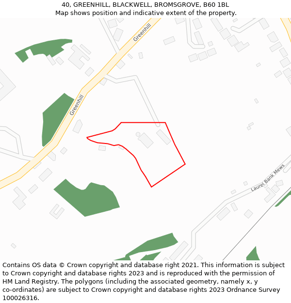 40, GREENHILL, BLACKWELL, BROMSGROVE, B60 1BL: Location map and indicative extent of plot