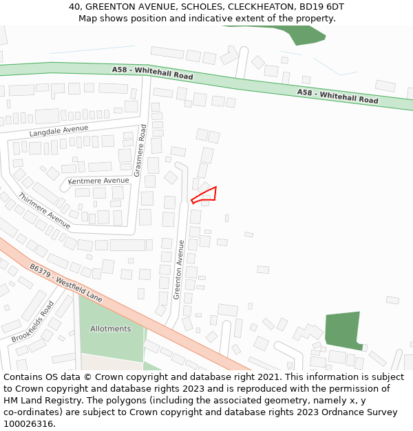 40, GREENTON AVENUE, SCHOLES, CLECKHEATON, BD19 6DT: Location map and indicative extent of plot