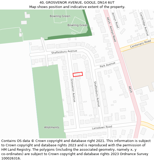 40, GROSVENOR AVENUE, GOOLE, DN14 6UT: Location map and indicative extent of plot