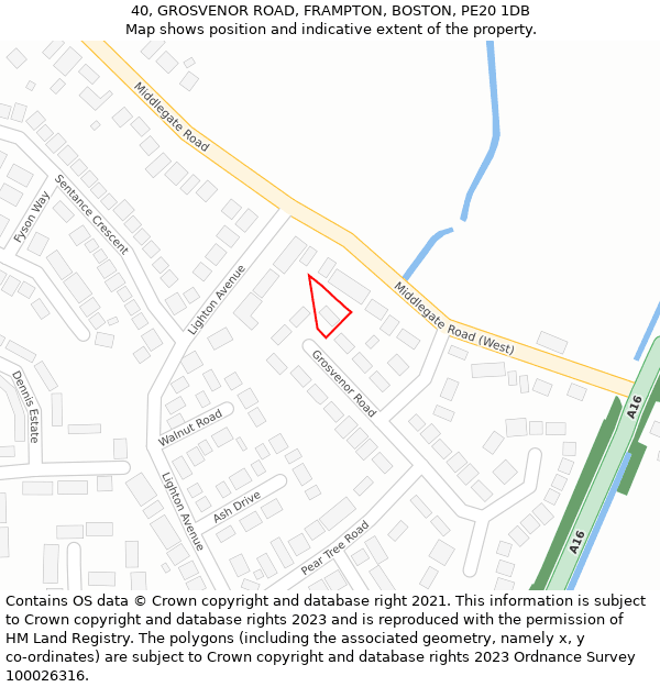 40, GROSVENOR ROAD, FRAMPTON, BOSTON, PE20 1DB: Location map and indicative extent of plot