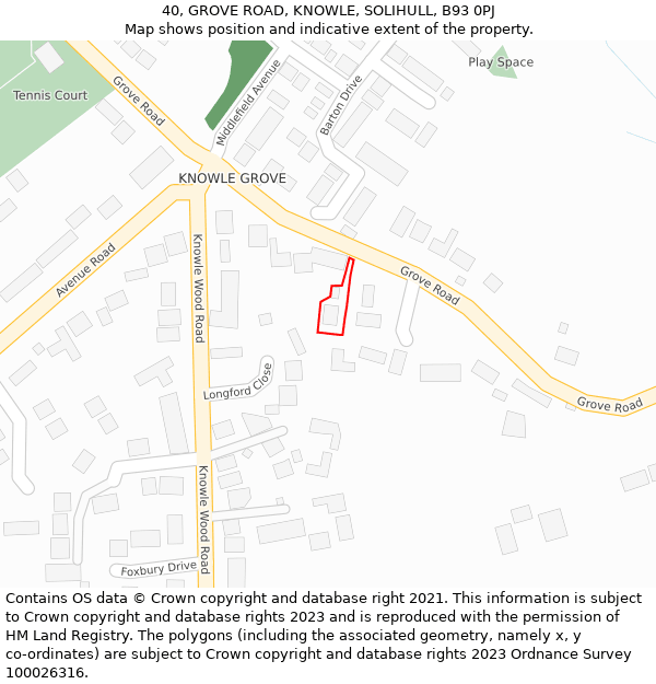 40, GROVE ROAD, KNOWLE, SOLIHULL, B93 0PJ: Location map and indicative extent of plot