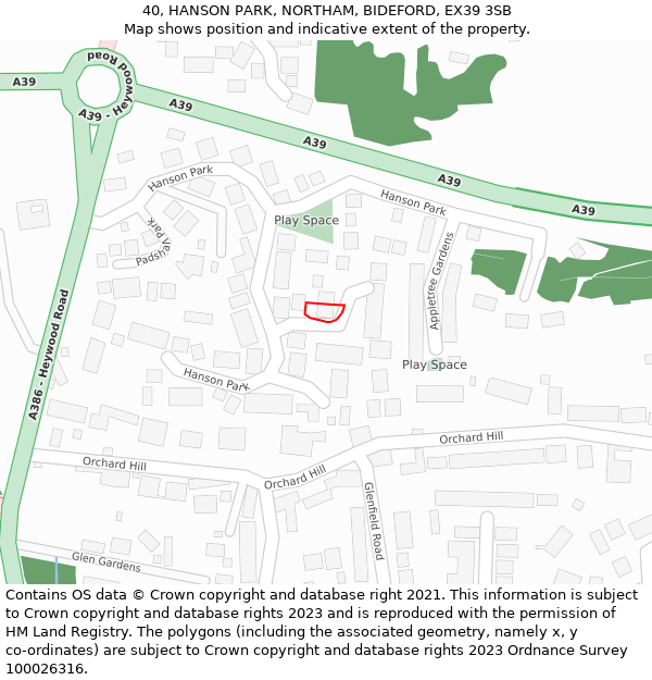 40, HANSON PARK, NORTHAM, BIDEFORD, EX39 3SB: Location map and indicative extent of plot