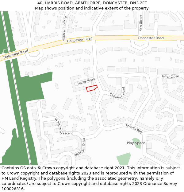 40, HARRIS ROAD, ARMTHORPE, DONCASTER, DN3 2FE: Location map and indicative extent of plot