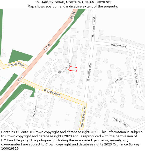 40, HARVEY DRIVE, NORTH WALSHAM, NR28 0TJ: Location map and indicative extent of plot