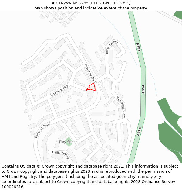 40, HAWKINS WAY, HELSTON, TR13 8FQ: Location map and indicative extent of plot