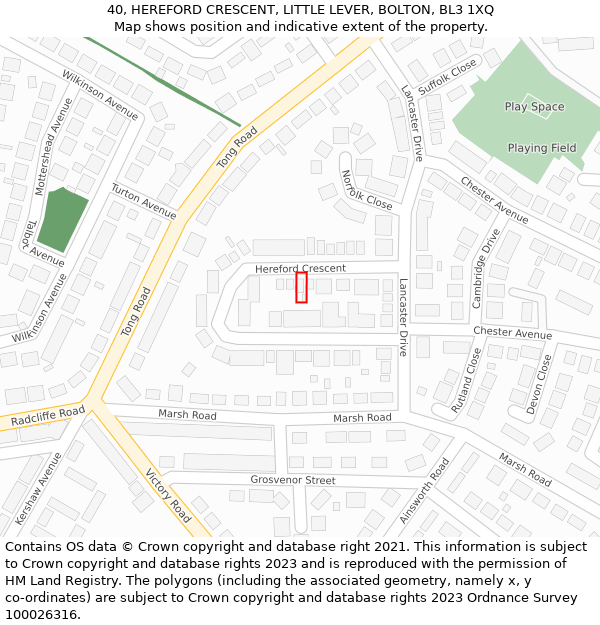 40, HEREFORD CRESCENT, LITTLE LEVER, BOLTON, BL3 1XQ: Location map and indicative extent of plot
