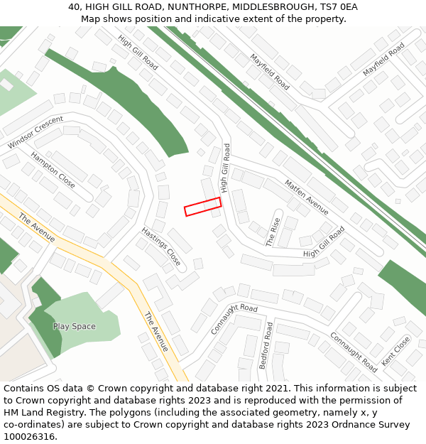 40, HIGH GILL ROAD, NUNTHORPE, MIDDLESBROUGH, TS7 0EA: Location map and indicative extent of plot