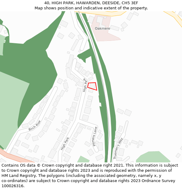 40, HIGH PARK, HAWARDEN, DEESIDE, CH5 3EF: Location map and indicative extent of plot