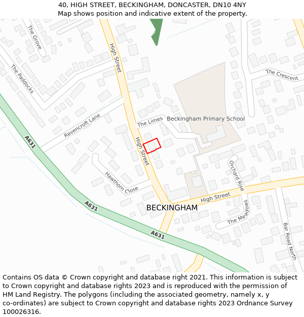 40, HIGH STREET, BECKINGHAM, DONCASTER, DN10 4NY: Location map and indicative extent of plot