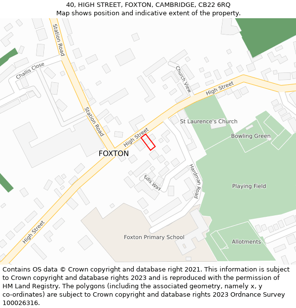 40, HIGH STREET, FOXTON, CAMBRIDGE, CB22 6RQ: Location map and indicative extent of plot