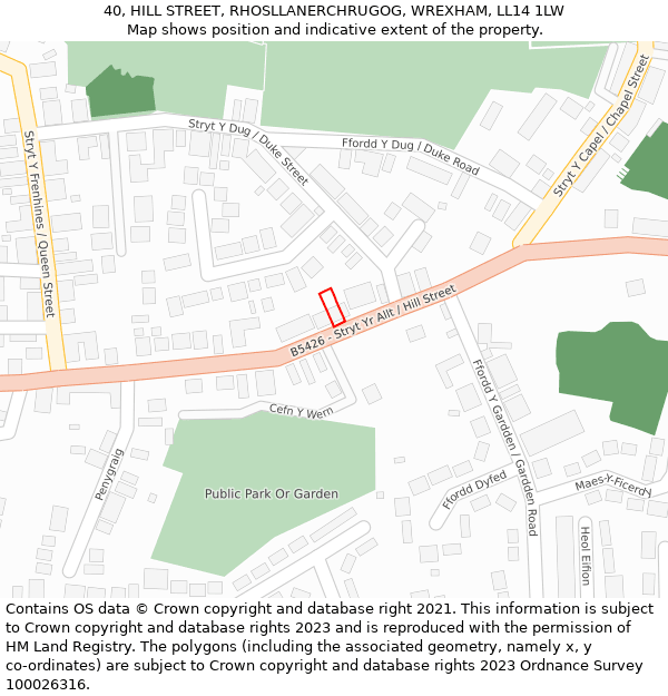 40, HILL STREET, RHOSLLANERCHRUGOG, WREXHAM, LL14 1LW: Location map and indicative extent of plot