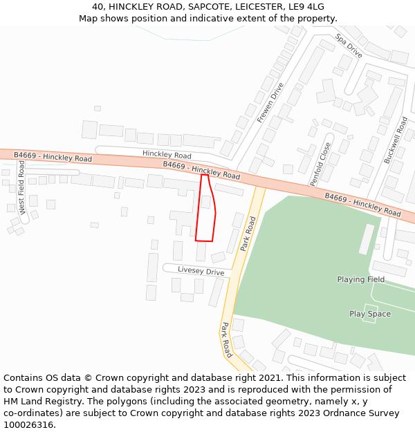 40, HINCKLEY ROAD, SAPCOTE, LEICESTER, LE9 4LG: Location map and indicative extent of plot