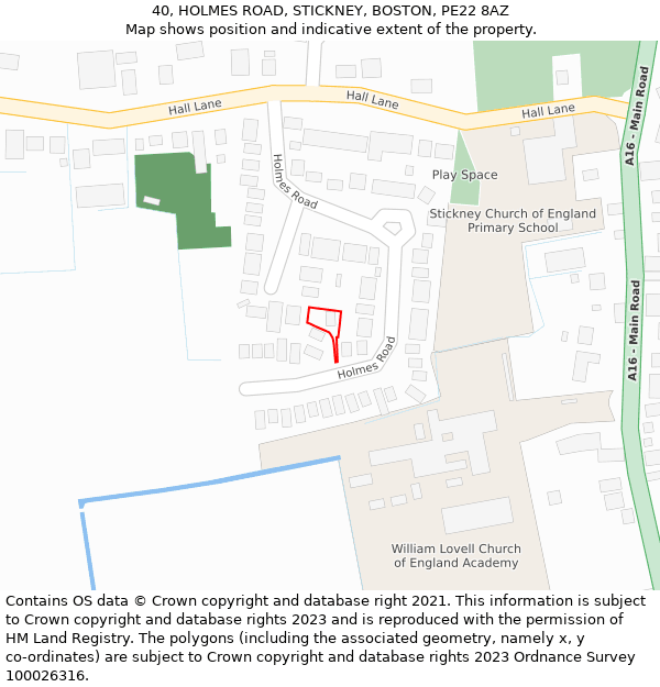 40, HOLMES ROAD, STICKNEY, BOSTON, PE22 8AZ: Location map and indicative extent of plot