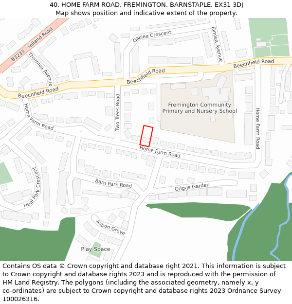 40, HOME FARM ROAD, FREMINGTON, BARNSTAPLE, EX31 3DJ: Location map and indicative extent of plot