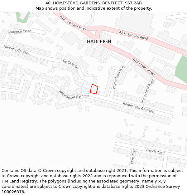 40, HOMESTEAD GARDENS, BENFLEET, SS7 2AB: Location map and indicative extent of plot