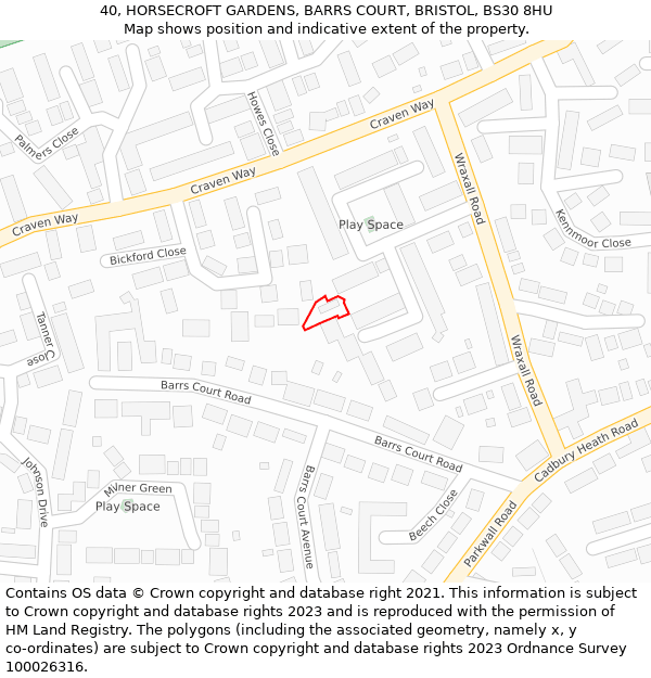 40, HORSECROFT GARDENS, BARRS COURT, BRISTOL, BS30 8HU: Location map and indicative extent of plot