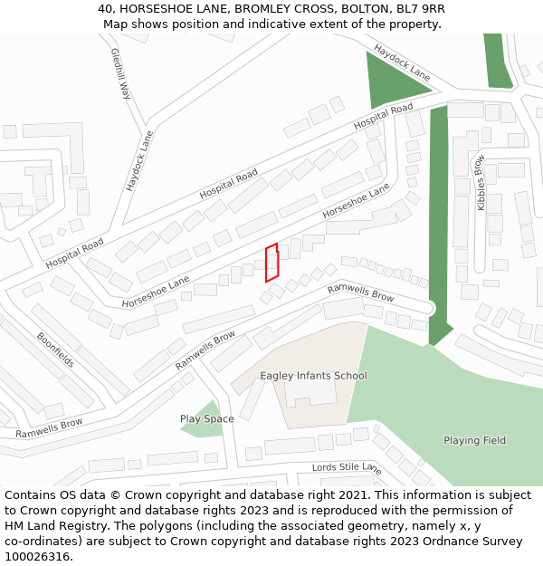 40, HORSESHOE LANE, BROMLEY CROSS, BOLTON, BL7 9RR: Location map and indicative extent of plot