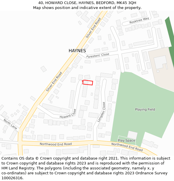 40, HOWARD CLOSE, HAYNES, BEDFORD, MK45 3QH: Location map and indicative extent of plot