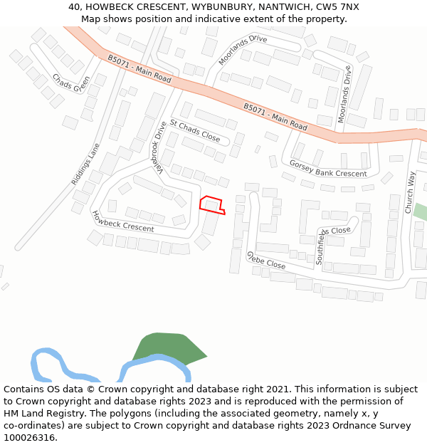 40, HOWBECK CRESCENT, WYBUNBURY, NANTWICH, CW5 7NX: Location map and indicative extent of plot