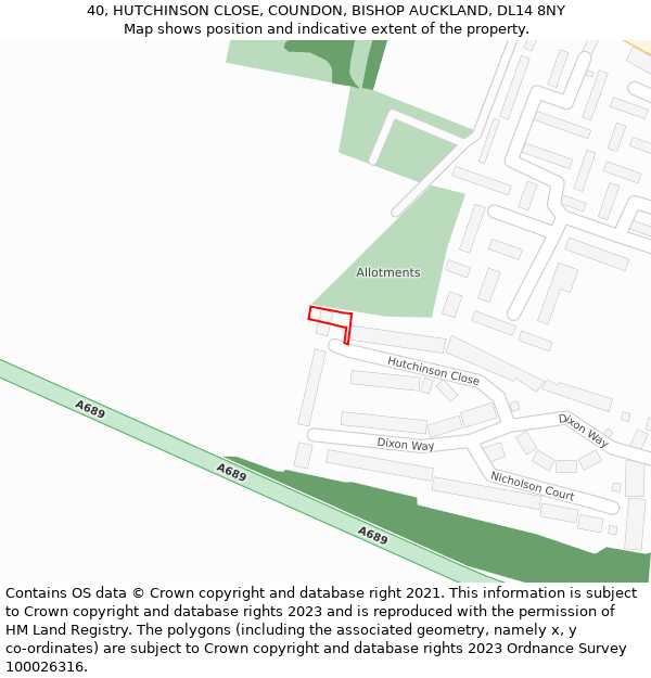 40, HUTCHINSON CLOSE, COUNDON, BISHOP AUCKLAND, DL14 8NY: Location map and indicative extent of plot