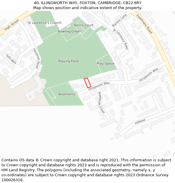 40, ILLINGWORTH WAY, FOXTON, CAMBRIDGE, CB22 6RY: Location map and indicative extent of plot