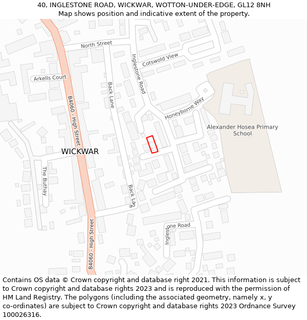 40, INGLESTONE ROAD, WICKWAR, WOTTON-UNDER-EDGE, GL12 8NH: Location map and indicative extent of plot