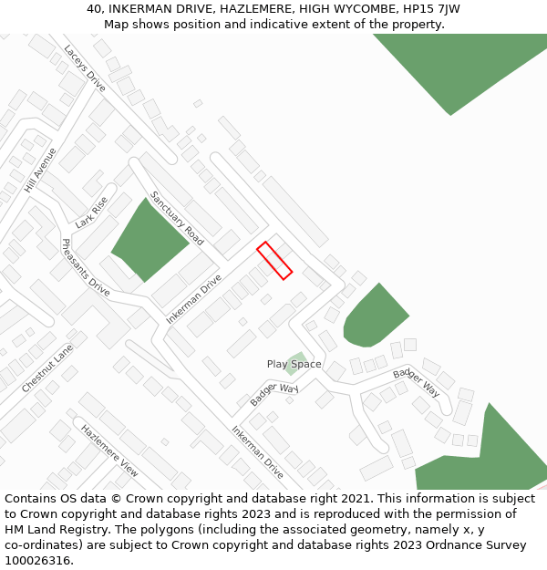 40, INKERMAN DRIVE, HAZLEMERE, HIGH WYCOMBE, HP15 7JW: Location map and indicative extent of plot