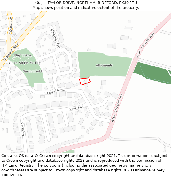 40, J H TAYLOR DRIVE, NORTHAM, BIDEFORD, EX39 1TU: Location map and indicative extent of plot