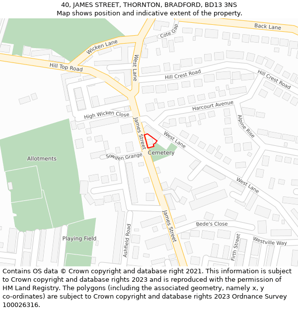 40, JAMES STREET, THORNTON, BRADFORD, BD13 3NS: Location map and indicative extent of plot