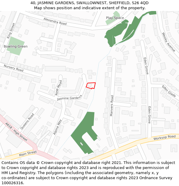 40, JASMINE GARDENS, SWALLOWNEST, SHEFFIELD, S26 4QD: Location map and indicative extent of plot