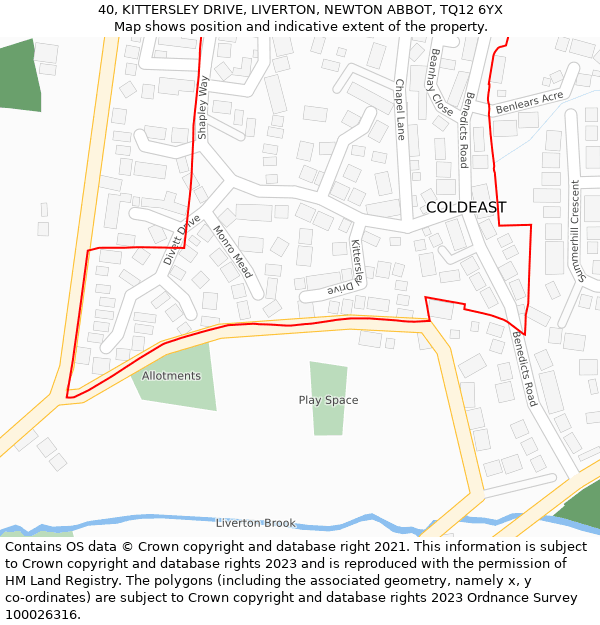 40, KITTERSLEY DRIVE, LIVERTON, NEWTON ABBOT, TQ12 6YX: Location map and indicative extent of plot