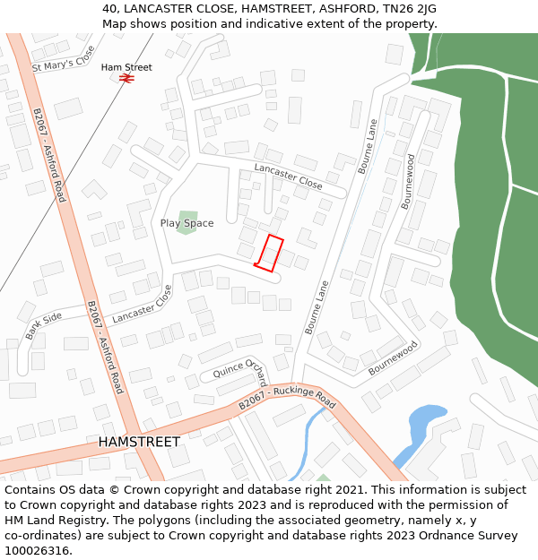 40, LANCASTER CLOSE, HAMSTREET, ASHFORD, TN26 2JG: Location map and indicative extent of plot