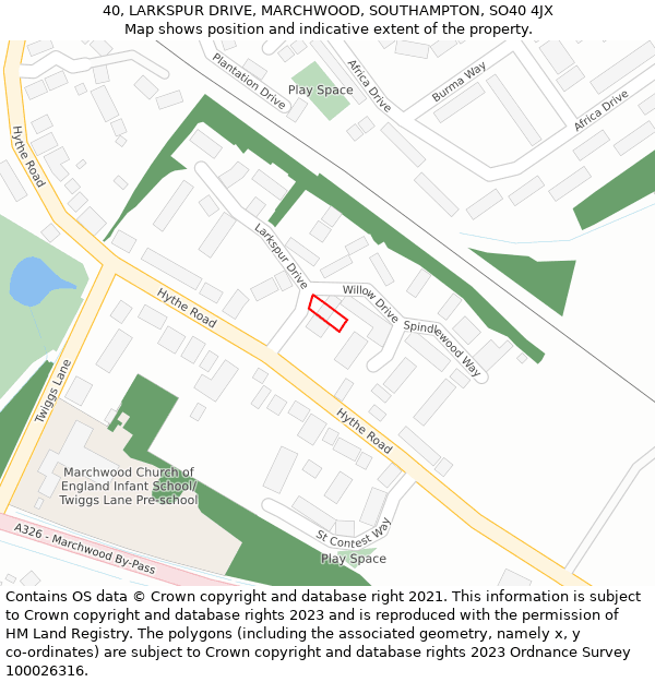 40, LARKSPUR DRIVE, MARCHWOOD, SOUTHAMPTON, SO40 4JX: Location map and indicative extent of plot