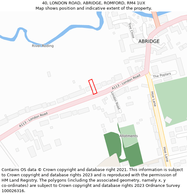 40, LONDON ROAD, ABRIDGE, ROMFORD, RM4 1UX: Location map and indicative extent of plot