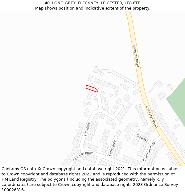 40, LONG GREY, FLECKNEY, LEICESTER, LE8 8TB: Location map and indicative extent of plot