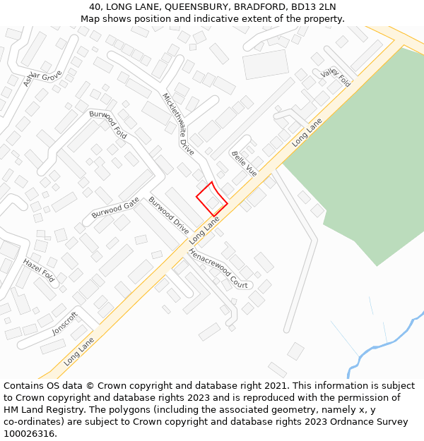 40, LONG LANE, QUEENSBURY, BRADFORD, BD13 2LN: Location map and indicative extent of plot