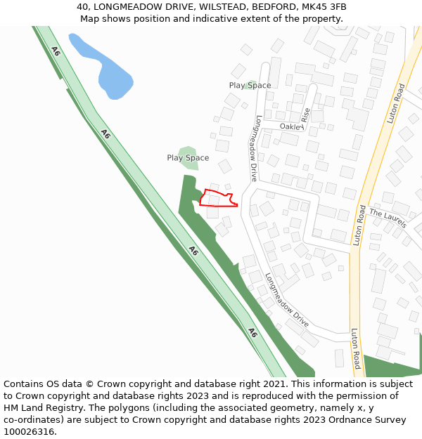 40, LONGMEADOW DRIVE, WILSTEAD, BEDFORD, MK45 3FB: Location map and indicative extent of plot