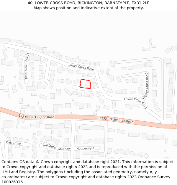 40, LOWER CROSS ROAD, BICKINGTON, BARNSTAPLE, EX31 2LE: Location map and indicative extent of plot