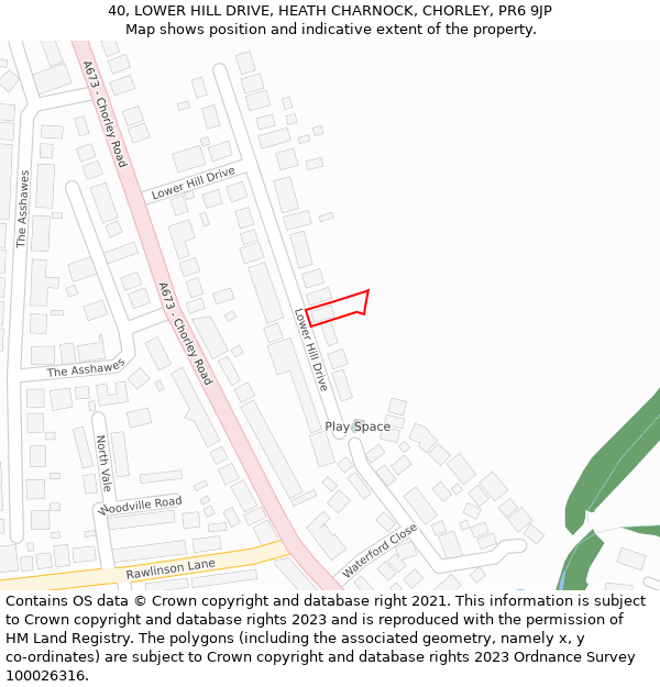 40, LOWER HILL DRIVE, HEATH CHARNOCK, CHORLEY, PR6 9JP: Location map and indicative extent of plot