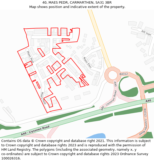 40, MAES PEDR, CARMARTHEN, SA31 3BR: Location map and indicative extent of plot