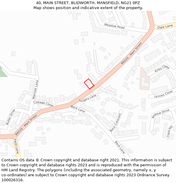 40, MAIN STREET, BLIDWORTH, MANSFIELD, NG21 0PZ: Location map and indicative extent of plot