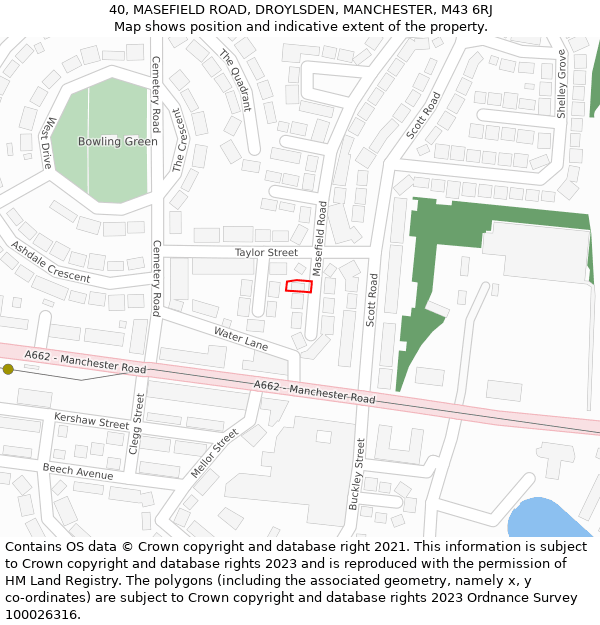 40, MASEFIELD ROAD, DROYLSDEN, MANCHESTER, M43 6RJ: Location map and indicative extent of plot