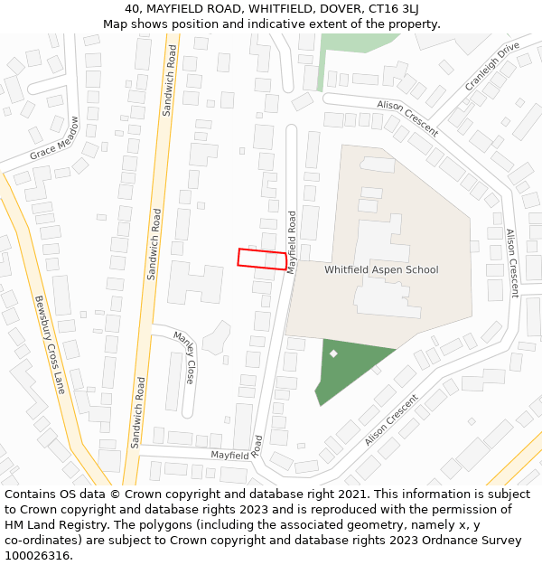 40, MAYFIELD ROAD, WHITFIELD, DOVER, CT16 3LJ: Location map and indicative extent of plot