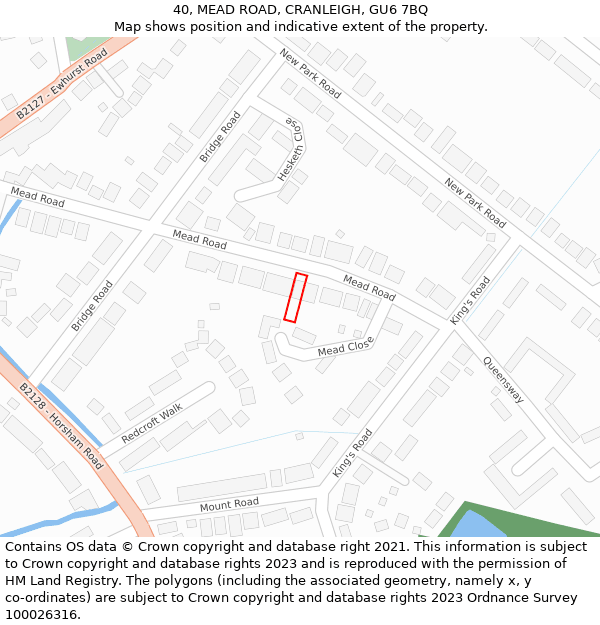 40, MEAD ROAD, CRANLEIGH, GU6 7BQ: Location map and indicative extent of plot