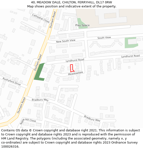 40, MEADOW DALE, CHILTON, FERRYHILL, DL17 0RW: Location map and indicative extent of plot