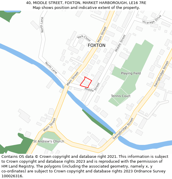 40, MIDDLE STREET, FOXTON, MARKET HARBOROUGH, LE16 7RE: Location map and indicative extent of plot