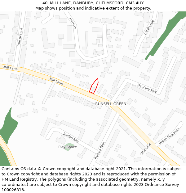 40, MILL LANE, DANBURY, CHELMSFORD, CM3 4HY: Location map and indicative extent of plot